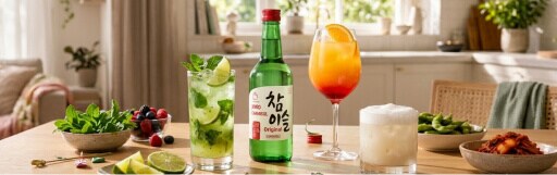 Plaatje met 3 cocktails gemaakt met Soju. Een Sojo Mojito, Soju Tequila Sunrise en een Solju collins